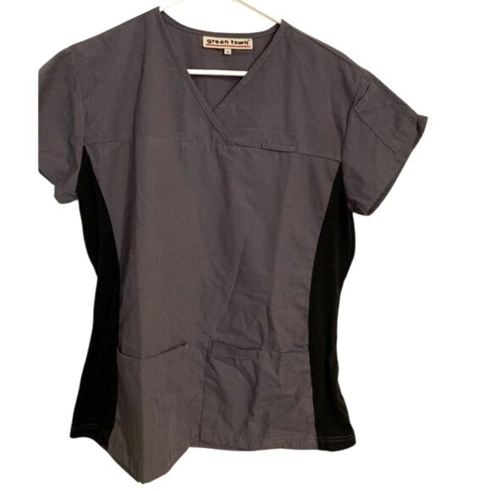 Gray & Black Womens Scrub Top By Green Town Size S Cotton Blend V-Neck Short Sle